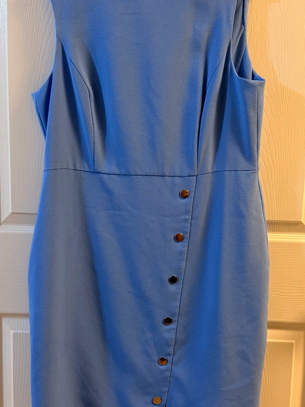Kasper Blue Sleeveless A-Line Dress Size 14 Button Front Pockets Work Church